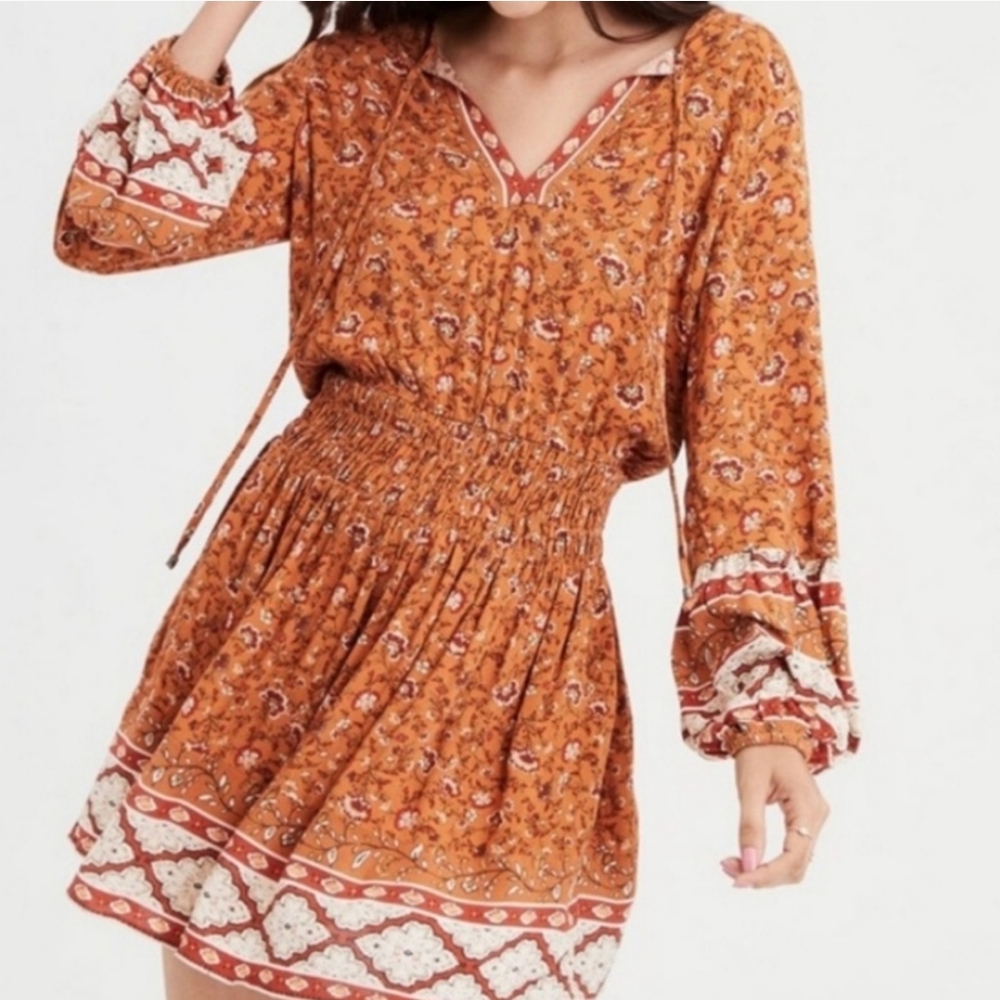 American Eagle Outfitters Boho Dress Floral Long Sleeve Elastic Waist
